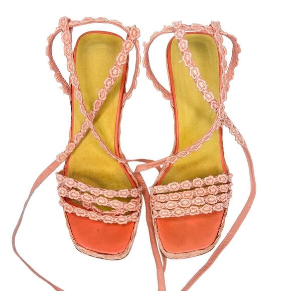 Stuart Weitzman Espadrille Wedge Strappy Floral Orange Sandals Size - Picture 3 of 9
